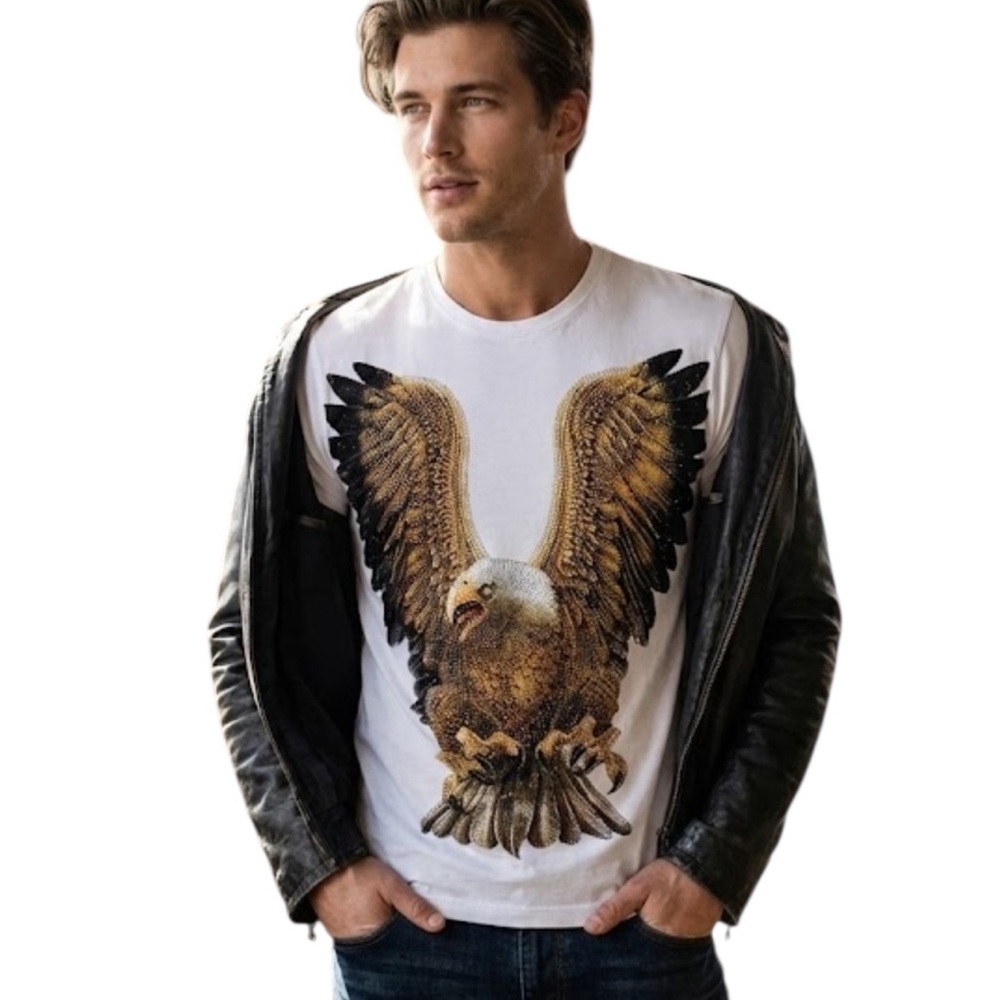 Heads or Tails Men’s Small White Rhinestone Eagle Graphic Short Sleeve Tshirt